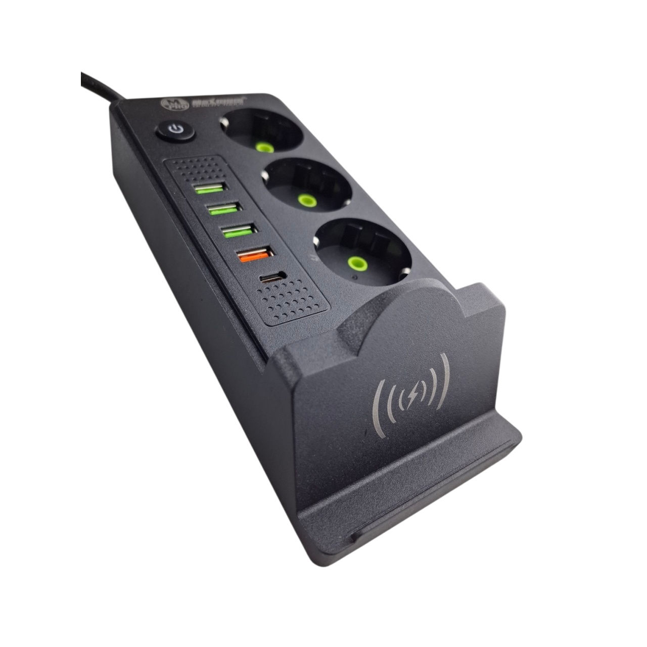 Удлинитель сетевой черный с беспроводной зарядкой 5 метров, 3 евро розетки, 4 USB порта, Type C, 250 оптом